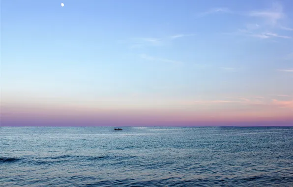 Облака, закат, лодка, вечер, горизонт, Италия, Апулия, Ионическое море