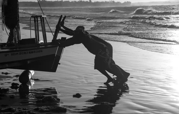 Waves, beach, boat, black &amp; white, fishman