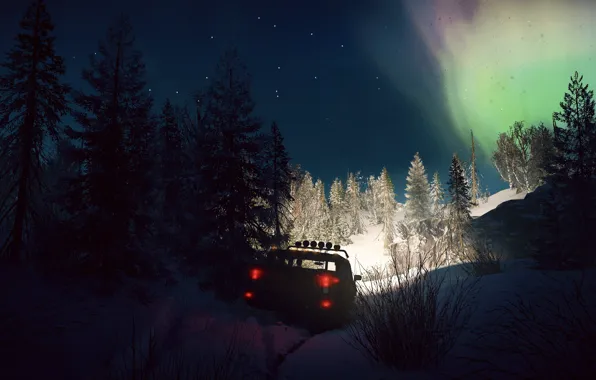 HDR, Sky, Stars, Wood, Winter, Snow, Truck, Game
