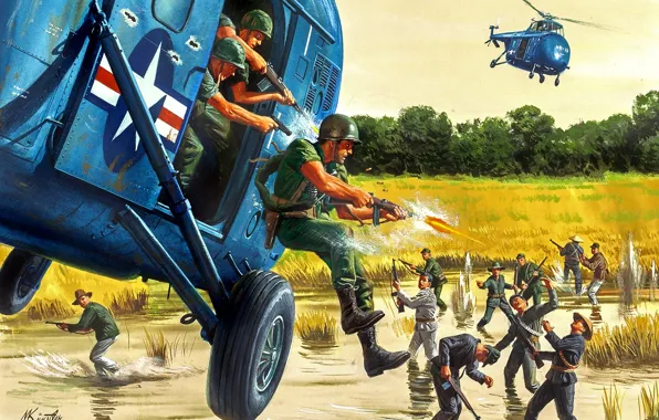 Картинка вертолеты, солдаты, битва, посадка, Морт Künstler