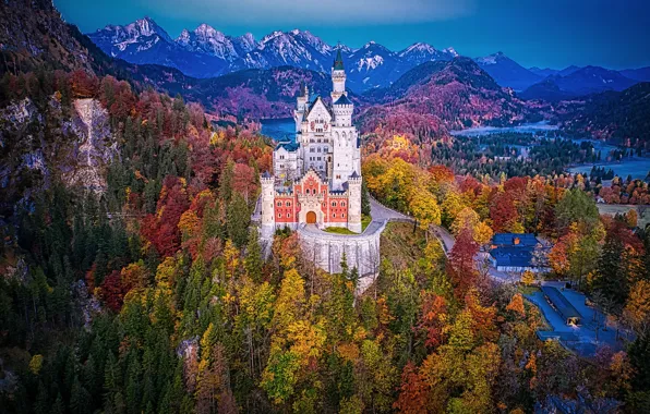 Осень, лес, горы, замок, Германия, Бавария, Germany, Bavaria