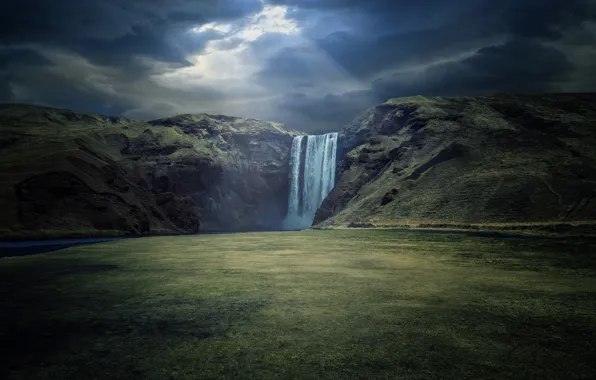 Картинка природа, река, водопад, waterfall, Iceland, Skogafoss, Skoga River