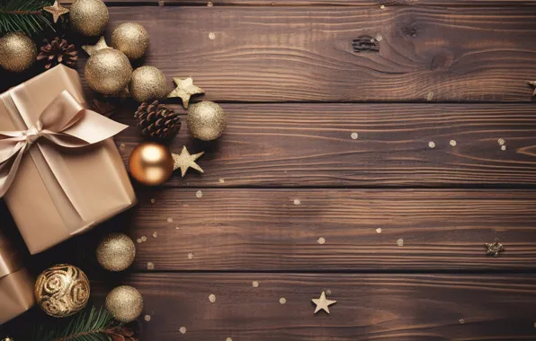 Украшения, фон, подарок, шары, новый год, Рождество, golden, Christmas