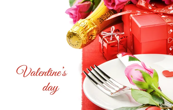 Праздник, розы, тарелка, шампанское, Valentine's Day, День Святого Валентина