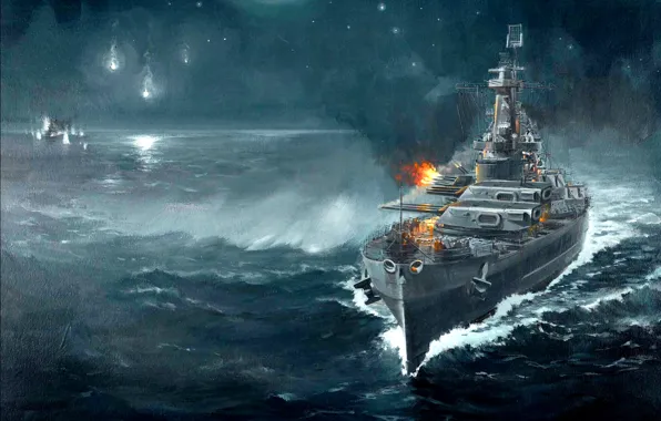 Ночь, рисунок, арт, крейсер, японский, морской бой, WW2, линейный