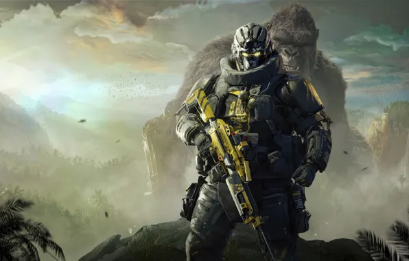 Godzilla, rifle, seifuku, monstro, arma, selva, king kong, uniforme