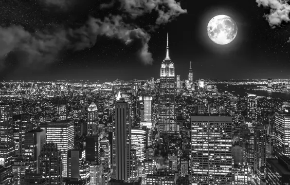 City, город, луна, Нью-Йорк, moon, New York