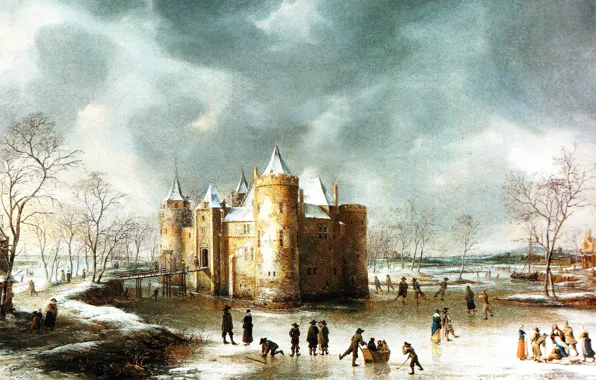 Пейзаж, картина, Ян Авраам Беерстратен, Замок Мейден Зимой, Jan Abrahamsz van Beerstraten