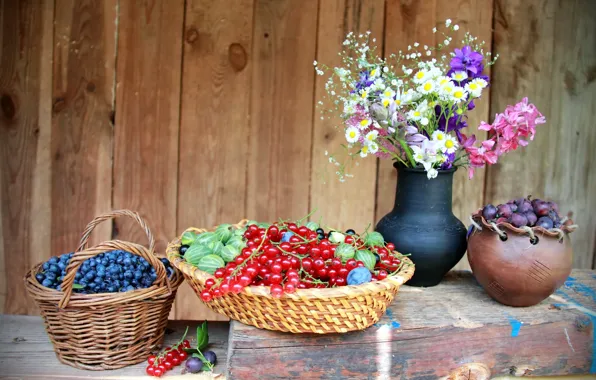 Картинка лето, цветы, ягоды, черника, натюрморт, смородина, крыжовник
