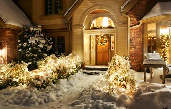 Зима, снег, ночь, природа, lights, огни, дом, праздник