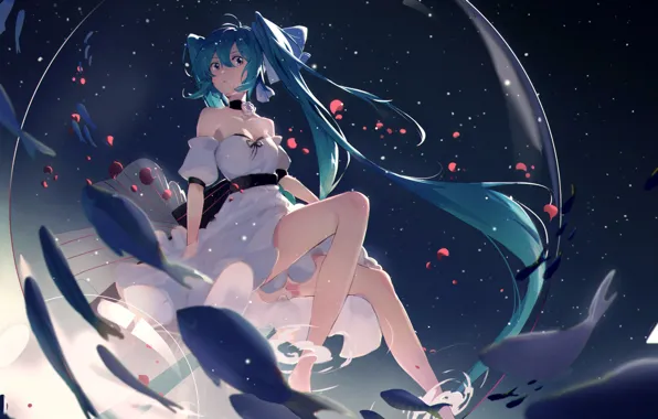 Девушка, рыбки, пузырь, Hatsune Miku, Vocaloid