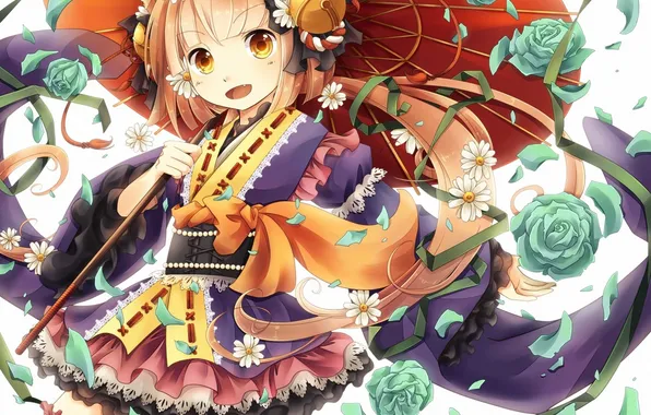 Картинка девушка, цветы, розы, ромашки, зонт, лепестки, арт, кимоно