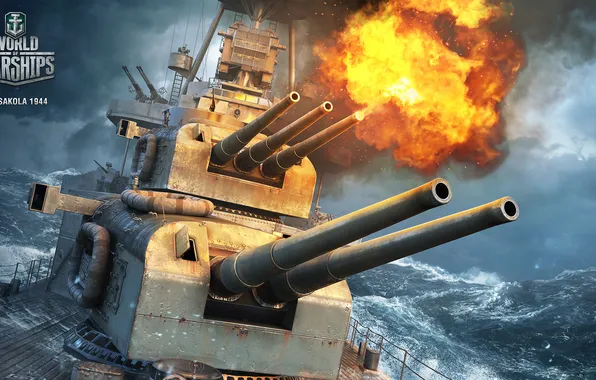 Картинка шторм, огонь, дым, корабль, пушки, выстрел, 1944, морской бой