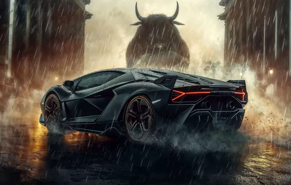 Черный, Lamborghini, Дождь, Бык, Арт, Bull, Lamborghini Revuelto