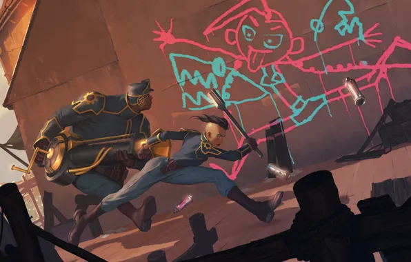 Стена, граффити, бегут, Jinx, Legends of Runeterra