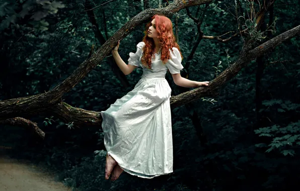 Картинка лес, девушка, платье, рыжеволосая, Полина