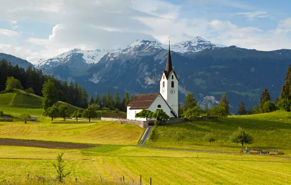 Поле, деревья, горы, Швейцария, Альпы, церковь, Versam Graubünden