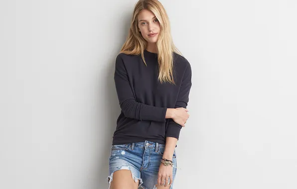 Shorts, long hair, woman, young, beautiful, model, blonde, sweatshirt