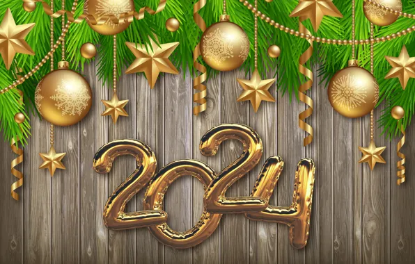Золото, шары, Новый Год, цифры, golden, new year, Christmas, balls
