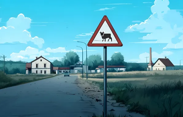 Дорога, знак, аниме, луг, поселок, заброшенное место