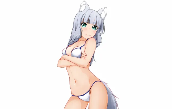 Girl, sexy, cleavage, green eyes, long hair, boobs, animal ears, anime