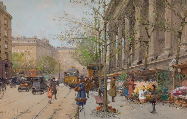 Картинка город, люди, улица, картина, трамваи, Eugene Galien-Laloue, Flower Market La Madeleine