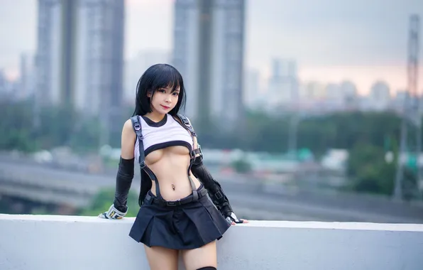 Картинка girl, woman, young, beautiful, brunette, pose, tank top, mini skirt