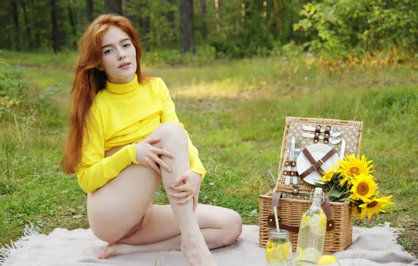 Forest, pussy, nature, flowers, redhead, picnic, pornstar, sunflowers