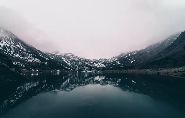 Misty, mountains, lake