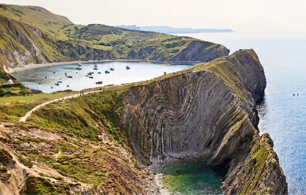 Горы, природа, Англия, лодки, England, Юрское побережье, Бухта Лулворт, Lulworth Cove along Jurassic Coast