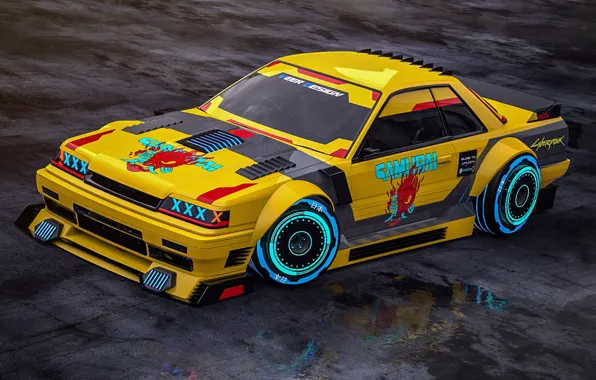 Желтый, Nissan, Car, Art, Style, Skyline, Neon, Yellow