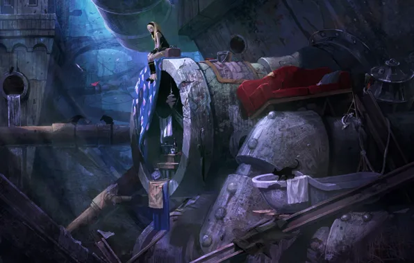 Картинка кошка, вода, девушка, поза, птица, сидит, art, tagme