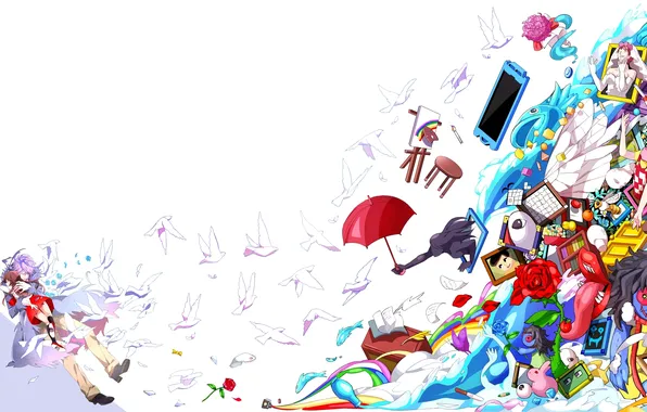 Картинка цветок, девушка, птицы, люди, вещи, роза, зонт, аниме