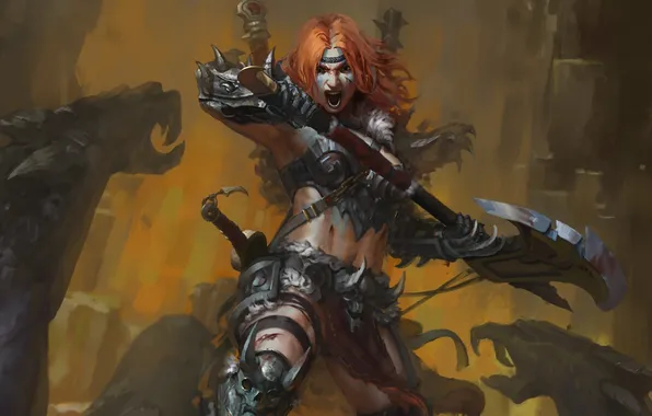 Картинка топор, fight, diablo 3, female, rage, barbarian