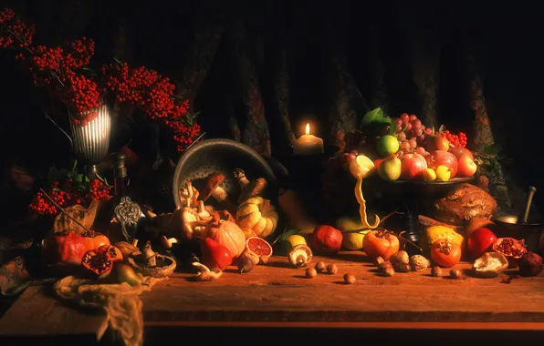 Картинка осень, яблоки, свечи, октябрь, урожай, тыква, фрукты, орехи