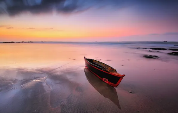Картинка море, закат, лодка