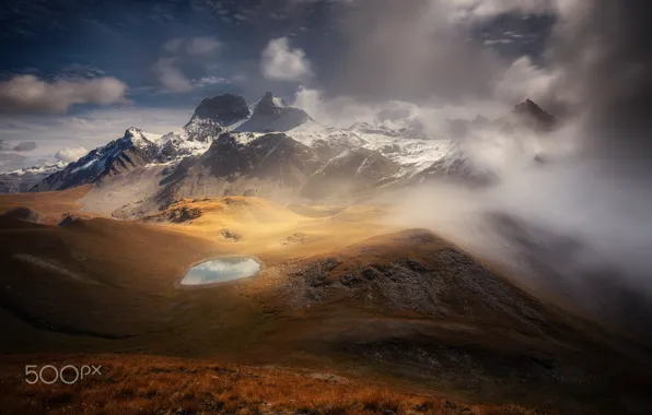 Картинка облака, горы, туман, озеро, скалы, долина