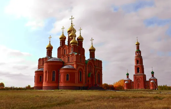 Осень, листья, облака, церковь, Храм, религия, монастырь, ОМСК