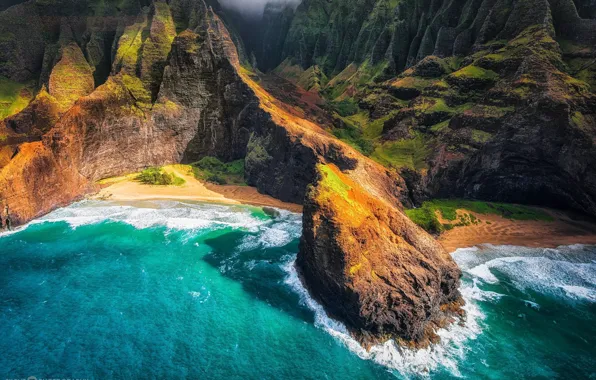 Картинка горы, океан, остров, панорамма, Гаваи