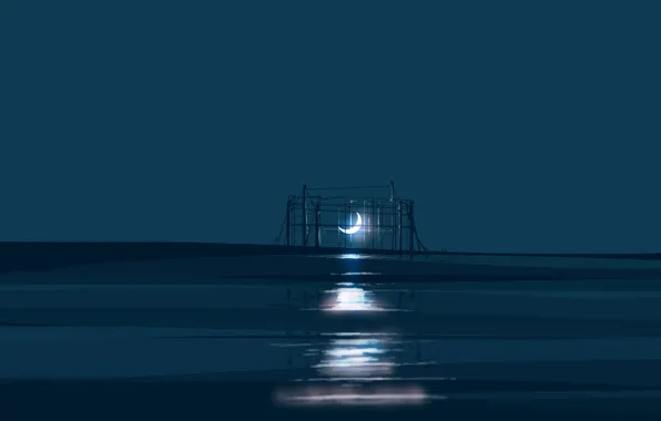 Небо, вода, ночь, клетка, фэнтези, полумесяц