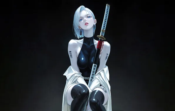 Картинка girl, sword, fantasy, blue eyes, katana, tattoo, digital art, artwork