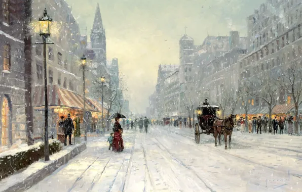 Картинка зима, снег, city, город, улица, лошадь, проспект, дома