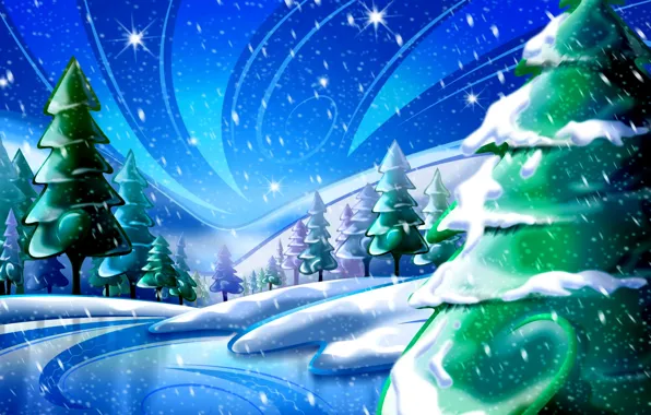 Картинка небо, звезды, снег, деревья, Зима