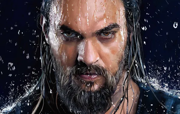 Глаза, взгляд, вода, капли, рисунок, борода, Aquaman, Джейсон Момоа