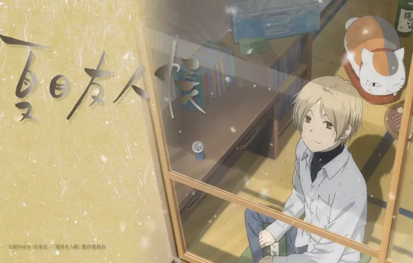 Кот, стол, комната, книги, окно, art, natsume yuujinchou, тетрадь дружбы нацумэ