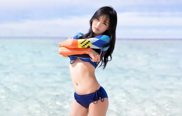Girl, sexy, cleavage, shorts, long hair, sea, boobs, beautiful
