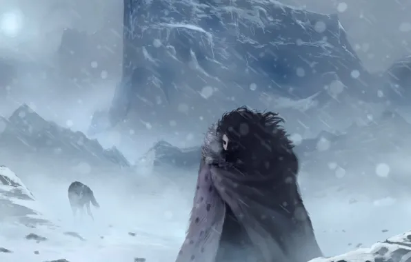 Картинка холод, зима, снег, волк, арт, Игра престолов, Джон Сноу, Jon Snow