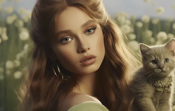 Картинка кошка, девушка, котёнок, ИИ-арт, НЕЙРОСЕТЬ