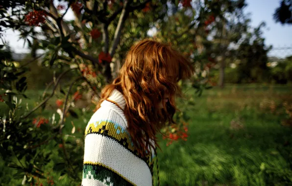 Girl, grass, trees, nature, woman, flowers, model, mood