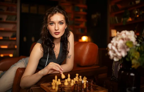 Взгляд, цветы, игра, жест, красивая девушка, шахматная доска, Настя, Шульгин Дмитрий